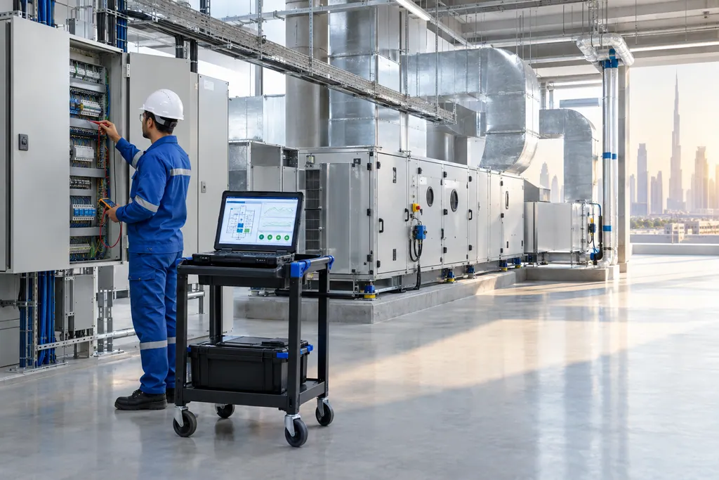 Commissioning engineer testing a control panel