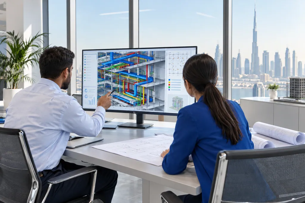 MEP engineers reviewing a 3D BIM model of building services