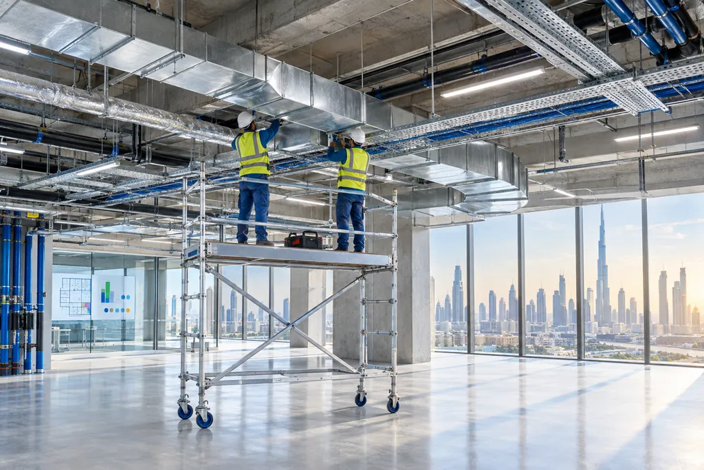 Technicians installing ductwork and cable trays in a tower under fit-out