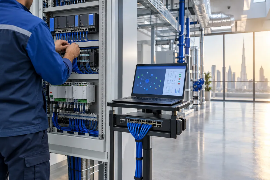 Technician terminating cables into a building-automation controller