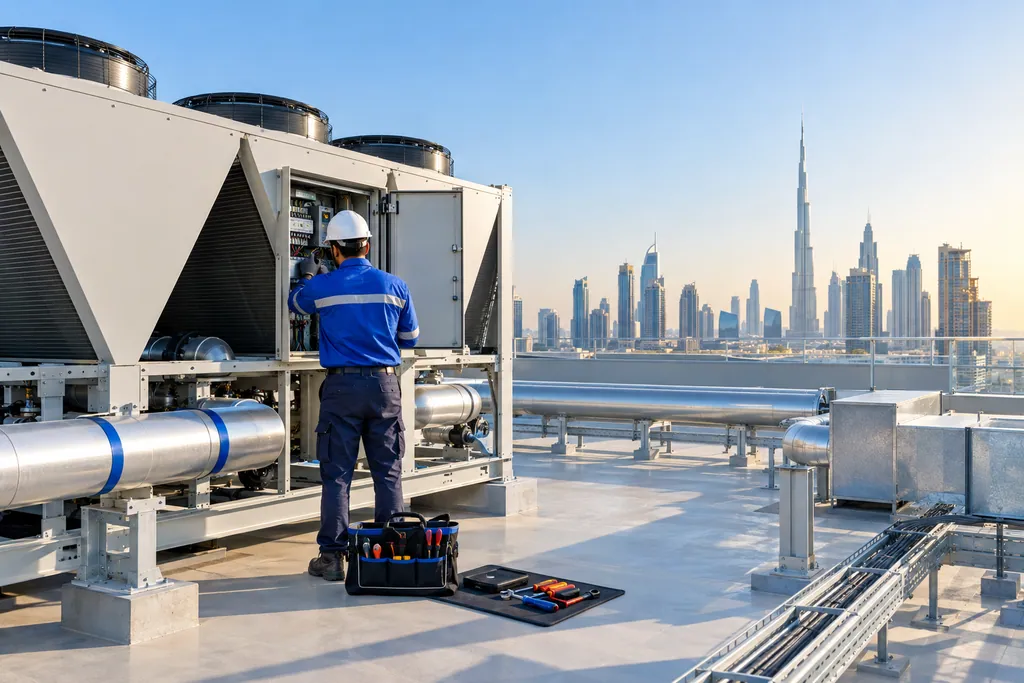 Technician servicing a rooftop chiller in Dubai
