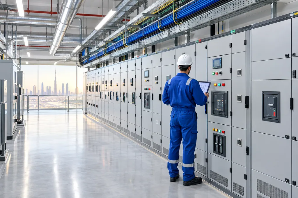 Electrical switch room with low-voltage panels and organised cable trays