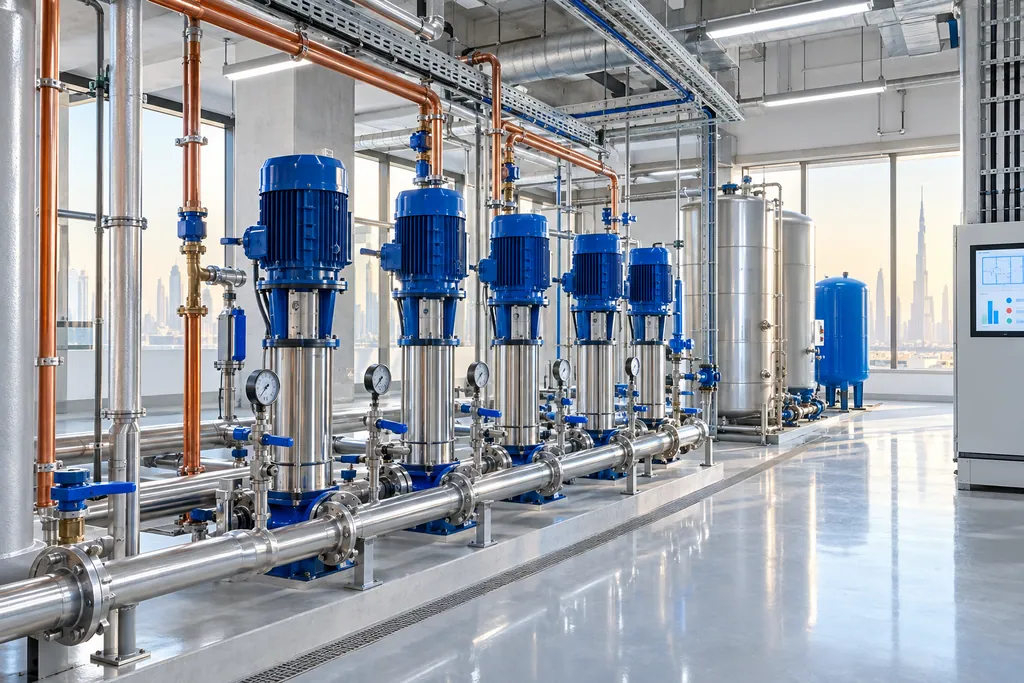 Pump room with stainless-steel booster pumps and pipework
